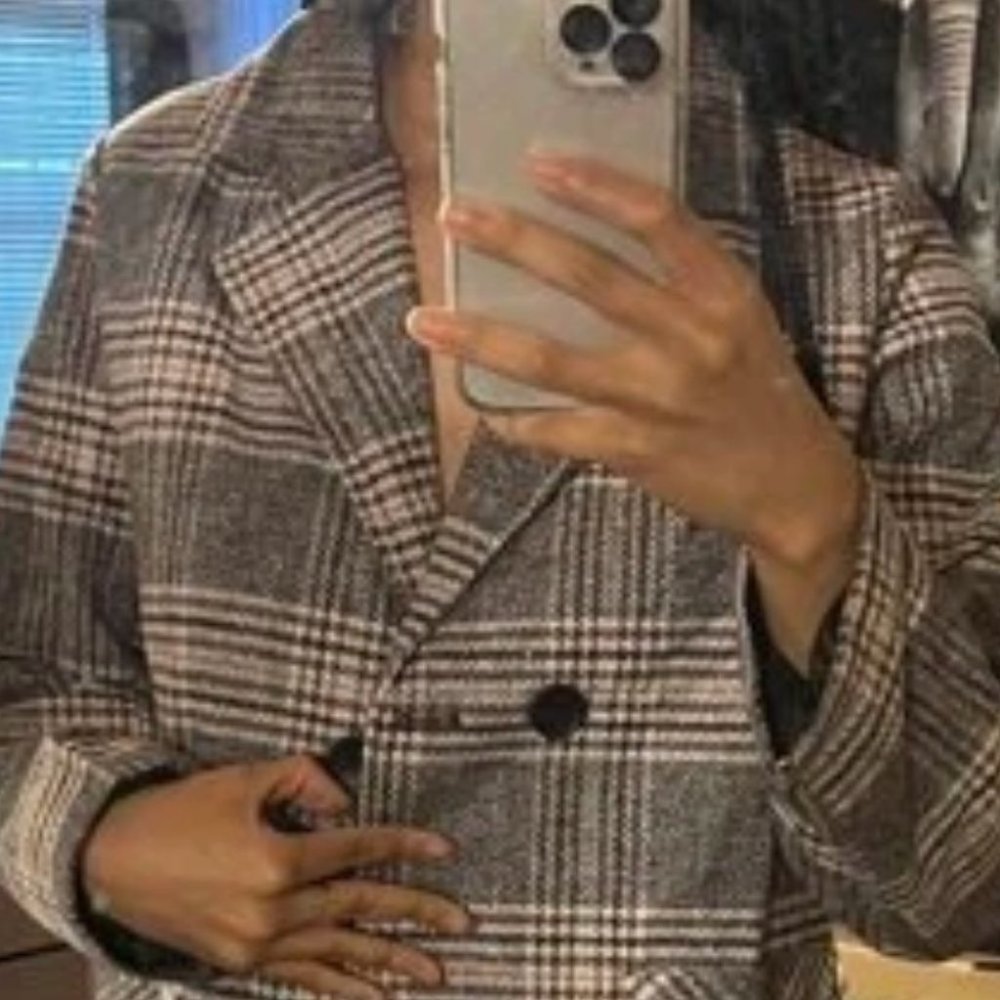 Plaid Print double breasted Pea Overcoat jacket fall winter - Picture 7 of 10